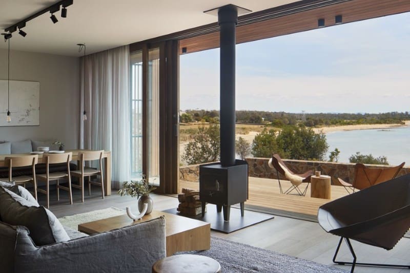 a view from inside Piermont retreat looking along the waterfront
